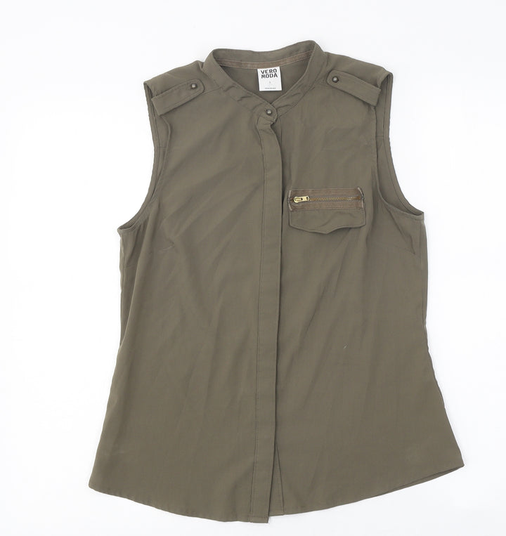 VERO MODA Womens Green Polyester Basic Button-Up Size S Mock Neck