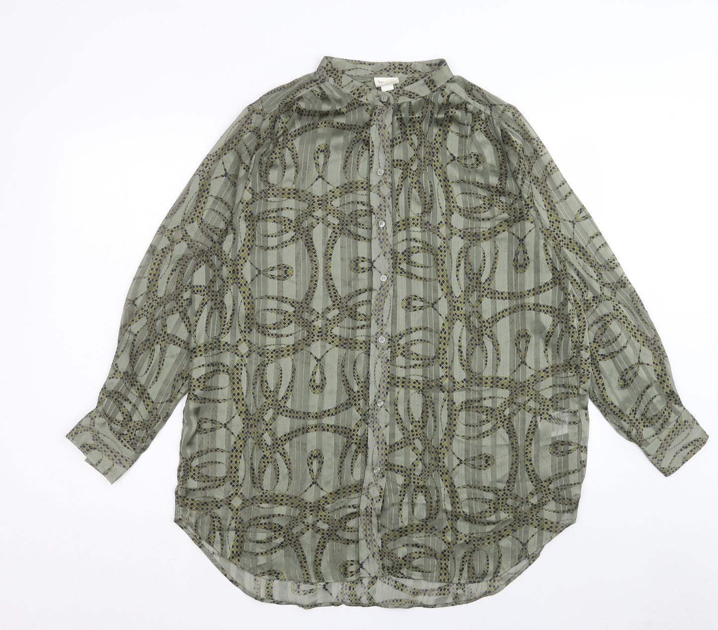 H&M Womens Green Geometric Polyester Basic Button-Up Size 16 Round Neck