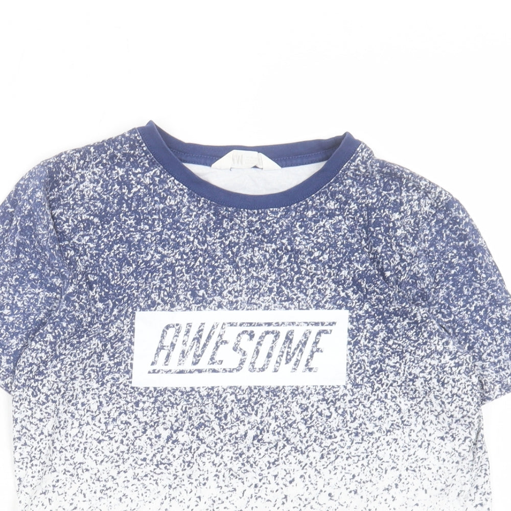 H&M Boys White Geometric Cotton Basic T-Shirt Size 11-12 Years Crew Neck Pullover - Awesome