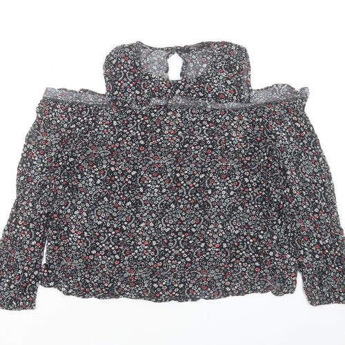 Dorothy Perkins Womens Black Floral Viscose Basic T-Shirt Size 18 Crew Neck - Cold Shoulder