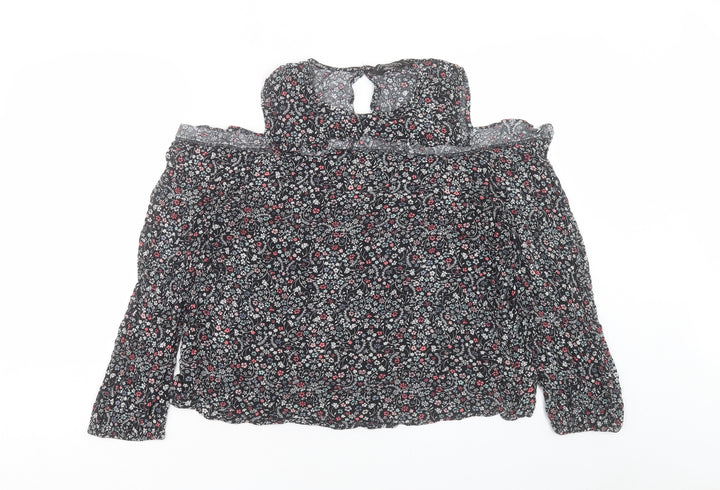 Dorothy Perkins Womens Black Floral Viscose Basic T-Shirt Size 18 Crew Neck - Cold Shoulder