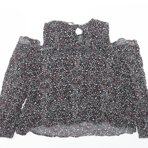 Dorothy Perkins Womens Black Floral Viscose Basic T-Shirt Size 18 Crew Neck - Cold Shoulder