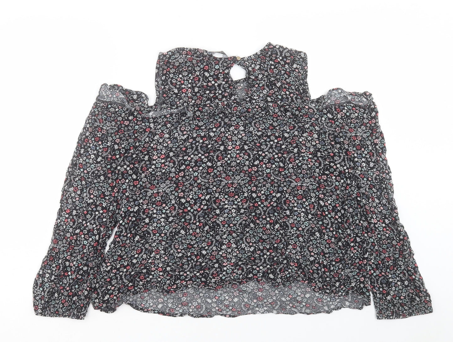 Dorothy Perkins Womens Black Floral Viscose Basic T-Shirt Size 18 Crew Neck - Cold Shoulder