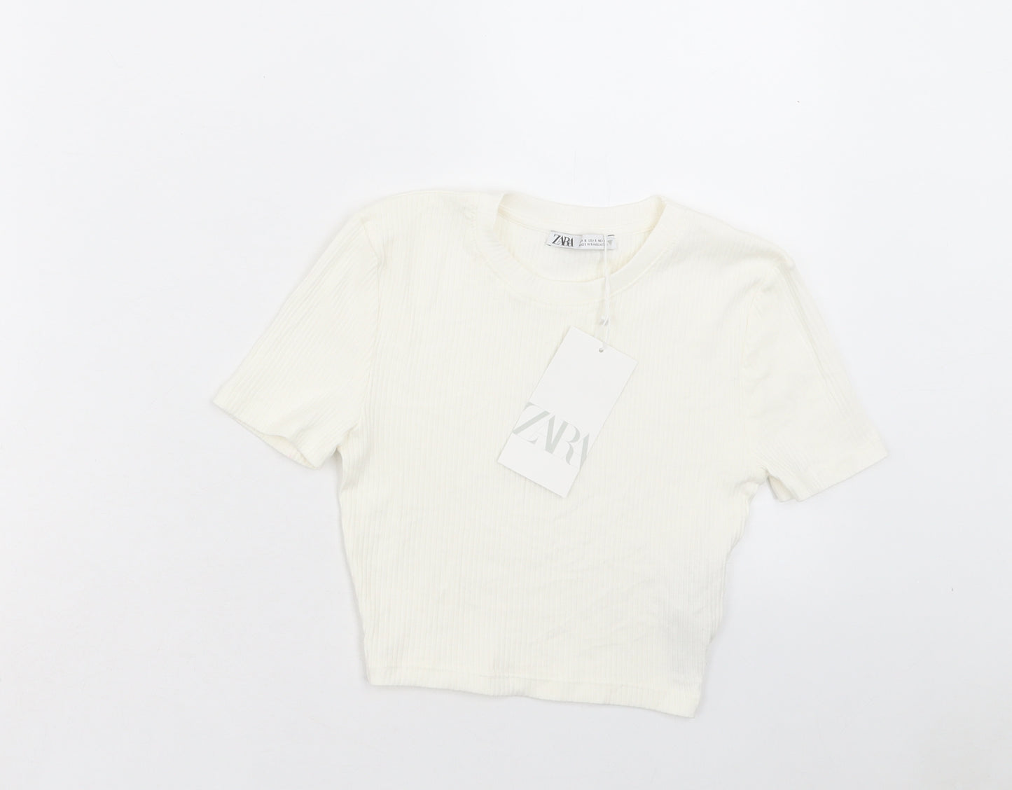 Zara Womens Ivory Cotton Cropped T-Shirt Size S Crew Neck
