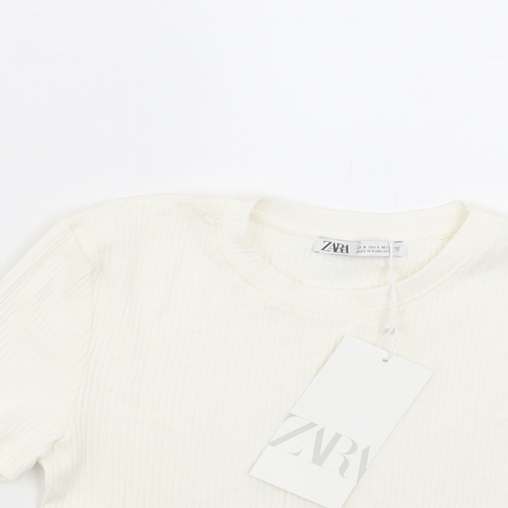 Zara Womens Ivory Cotton Cropped T-Shirt Size S Crew Neck