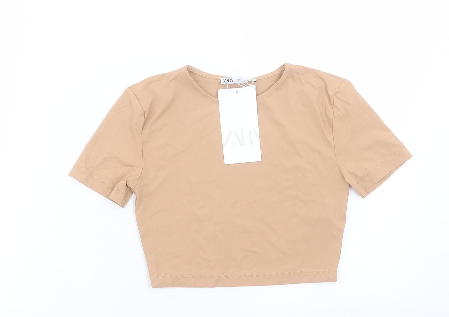 Zara Womens Brown Polyester Cropped T-Shirt Size S Crew Neck
