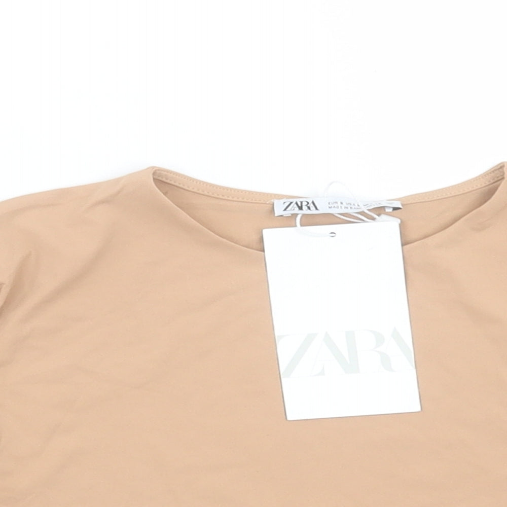Zara Womens Brown Polyester Cropped T-Shirt Size S Crew Neck