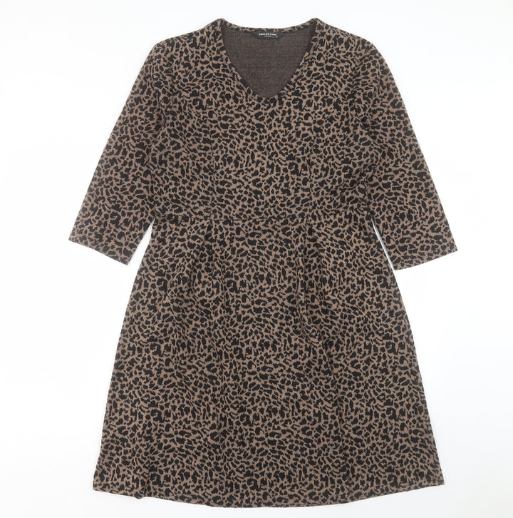 Collection London Womens Brown Animal Print Polyester A-Line Size 14 V-Neck Pullover