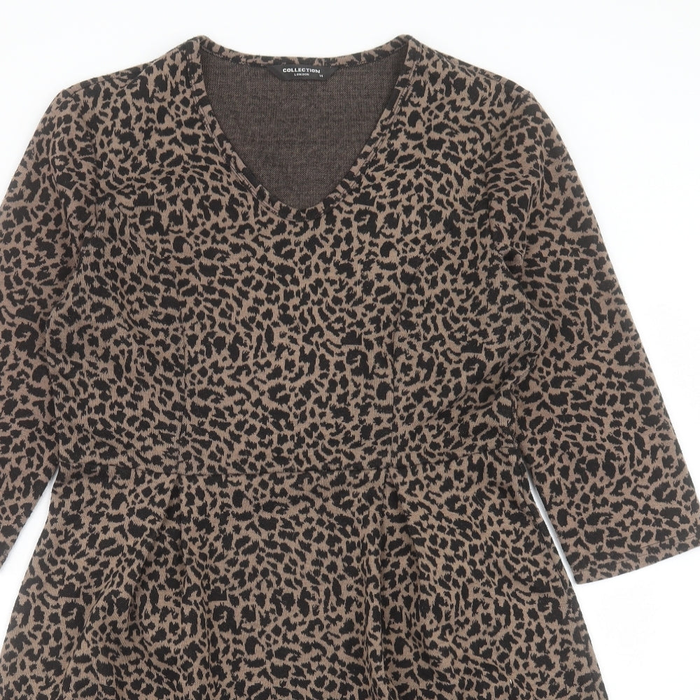 Collection London Womens Brown Animal Print Polyester A-Line Size 14 V-Neck Pullover