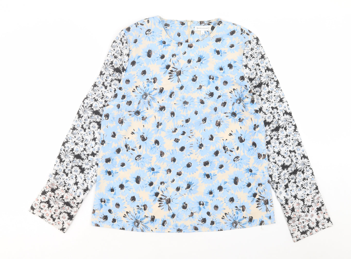 Warehouse Womens Blue Floral Polyester Basic T-Shirt Size 12 Crew Neck