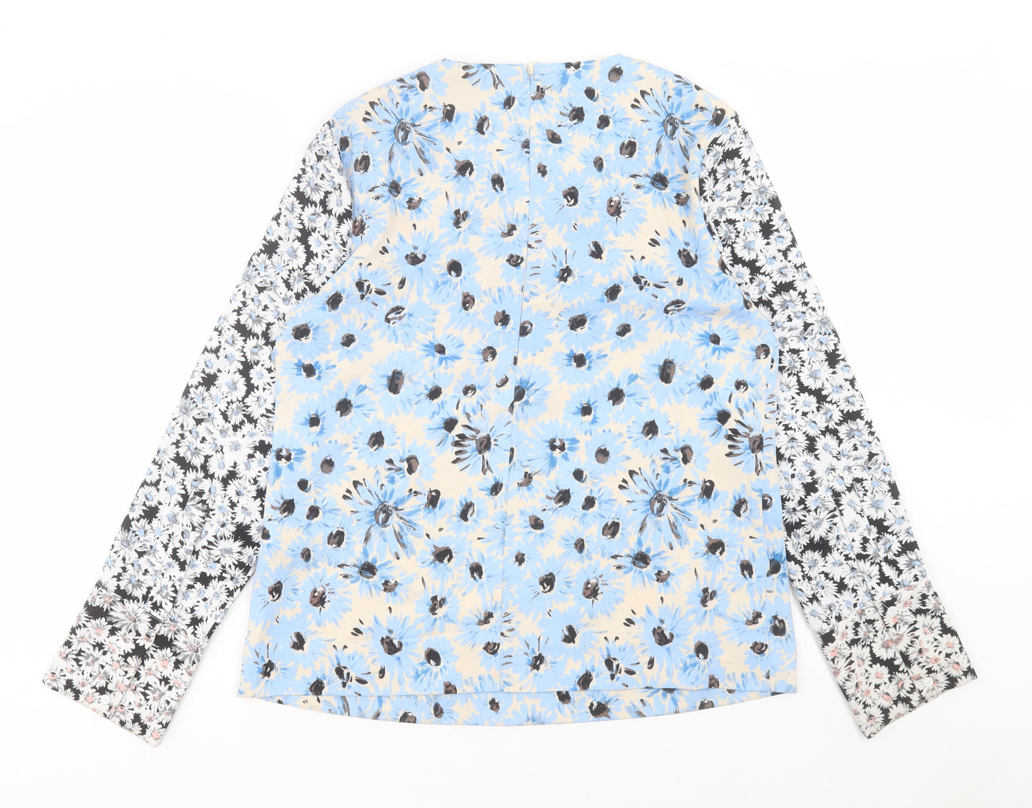 Warehouse Womens Blue Floral Polyester Basic T-Shirt Size 12 Crew Neck