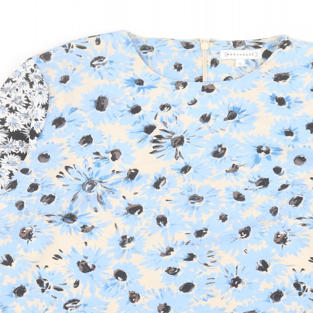 Warehouse Womens Blue Floral Polyester Basic T-Shirt Size 12 Crew Neck