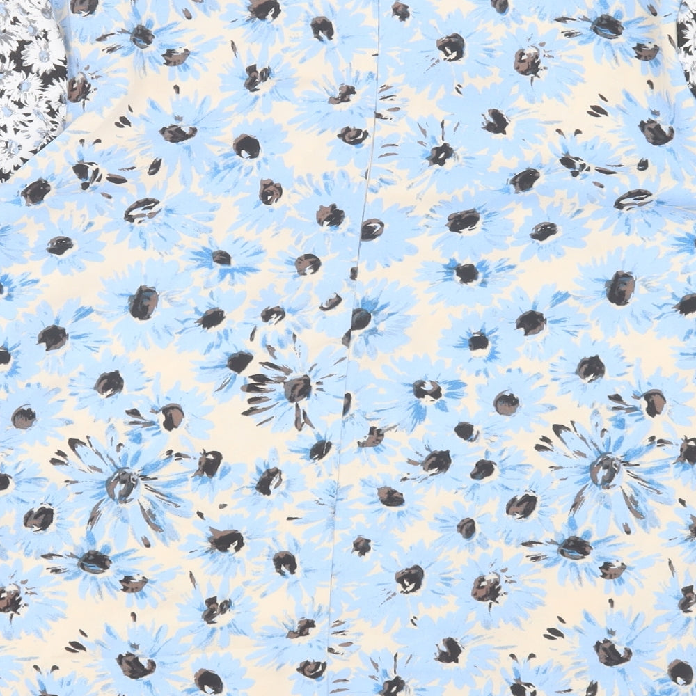 Warehouse Womens Blue Floral Polyester Basic T-Shirt Size 12 Crew Neck