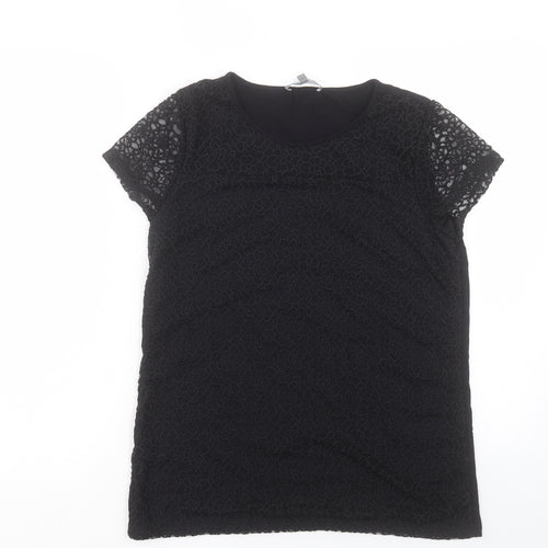Laura Ahsley Womens Black Polyester Basic T-Shirt Size 14 Crew Neck