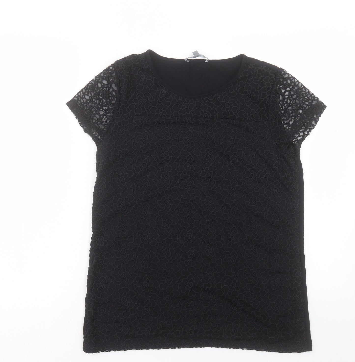 Laura Ahsley Womens Black Polyester Basic T-Shirt Size 14 Crew Neck