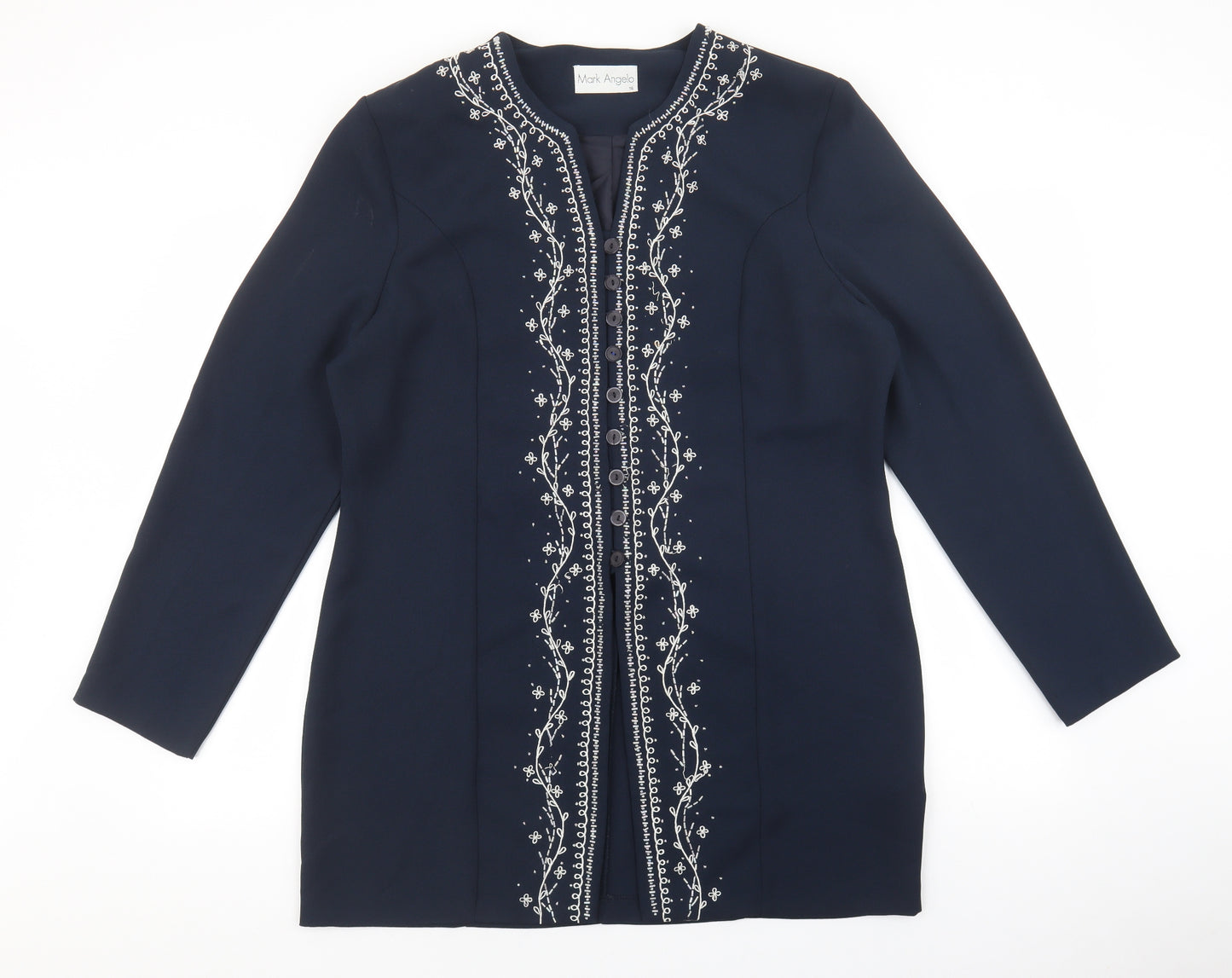 Mark Angelo Womens Blue Geometric Jacket Blazer Size 16 Button - Beads and floral design