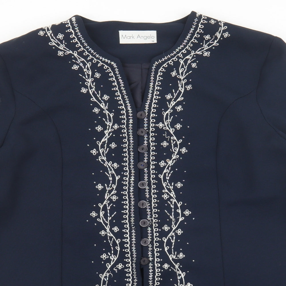 Mark Angelo Womens Blue Geometric Jacket Blazer Size 16 Button - Beads and floral design