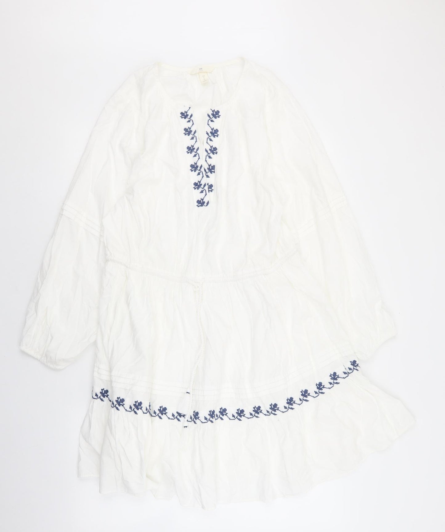 H&M Womens White Geometric Cotton Skater Dress Size 14 V-Neck Tie - Navy Embroidery