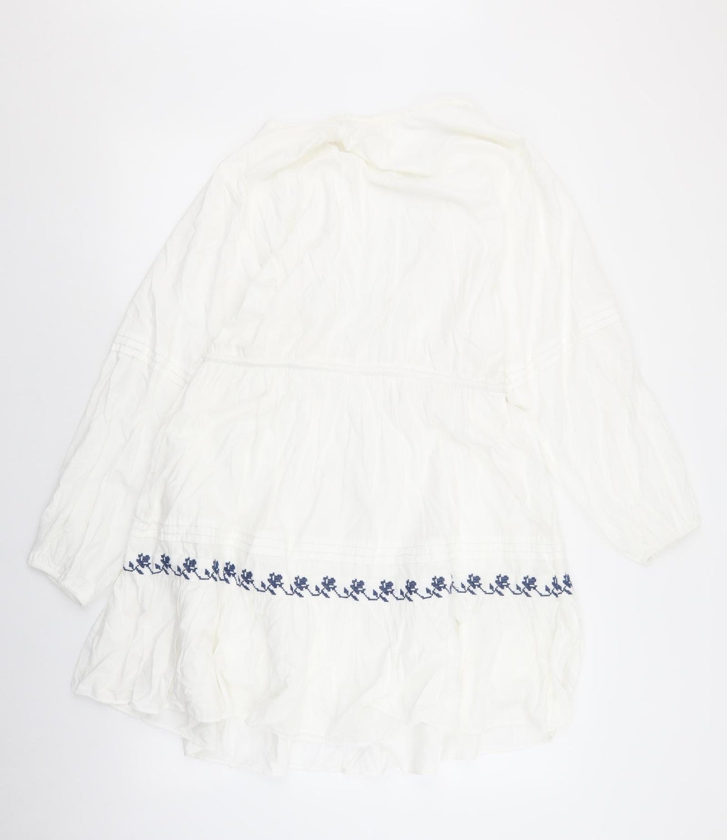 H&M Womens White Geometric Cotton Skater Dress Size 14 V-Neck Tie - Navy Embroidery