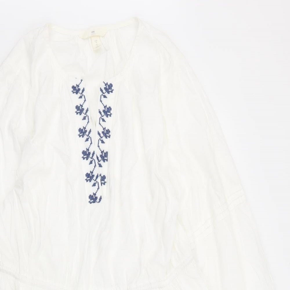 H&M Womens White Geometric Cotton Skater Dress Size 14 V-Neck Tie - Navy Embroidery