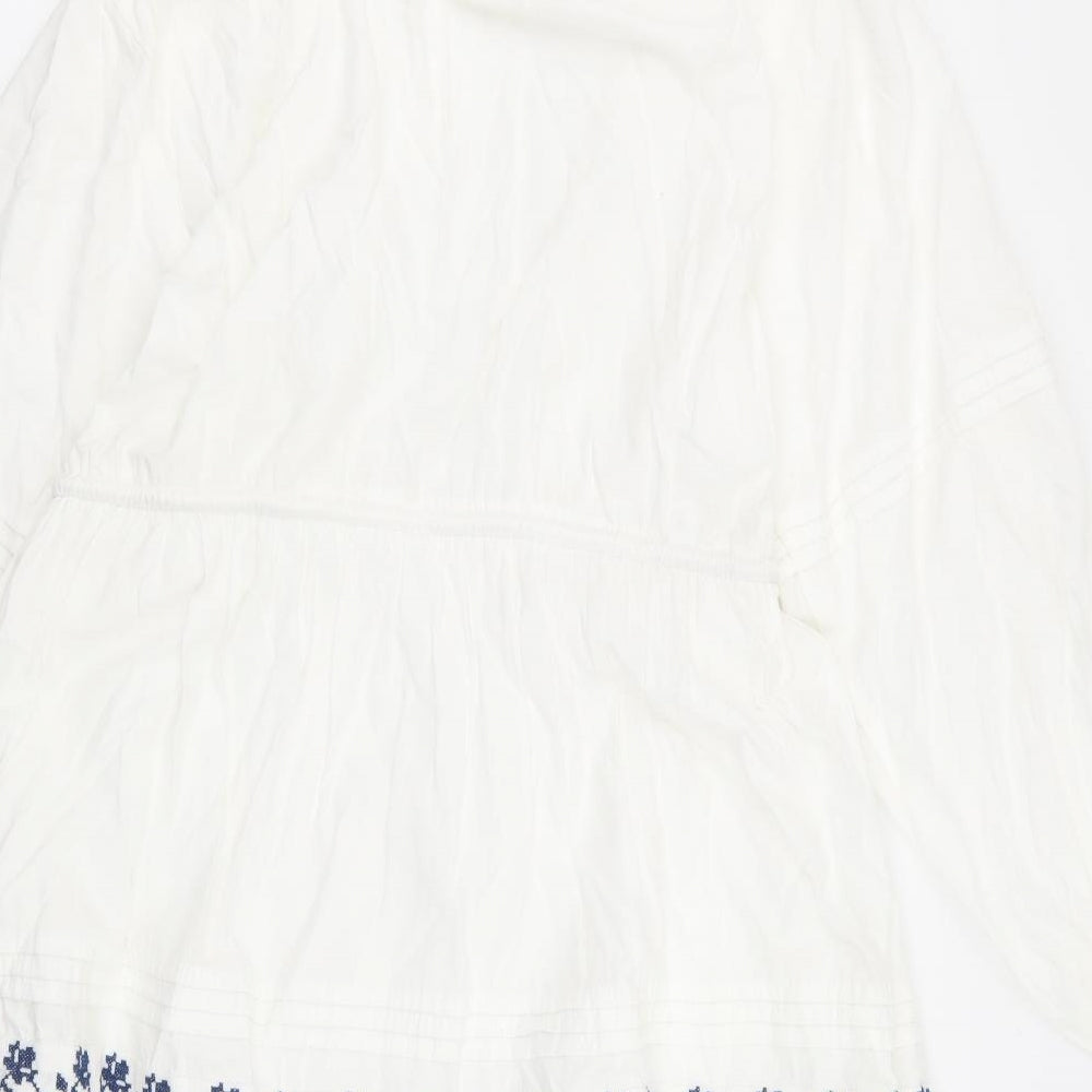 H&M Womens White Geometric Cotton Skater Dress Size 14 V-Neck Tie - Navy Embroidery