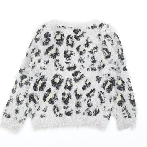 Miss Understood Girls Grey Round Neck Animal Print Acrylic Pullover Jumper Size 9 Years Pullover - Leopard Print