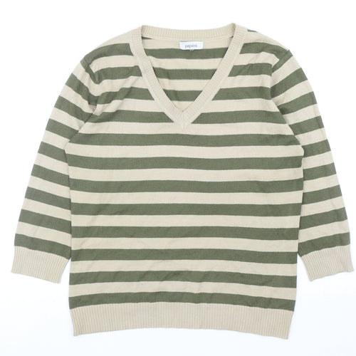 Papaya Womens Green V-Neck Striped Acrylic Pullover Jumper Size 14