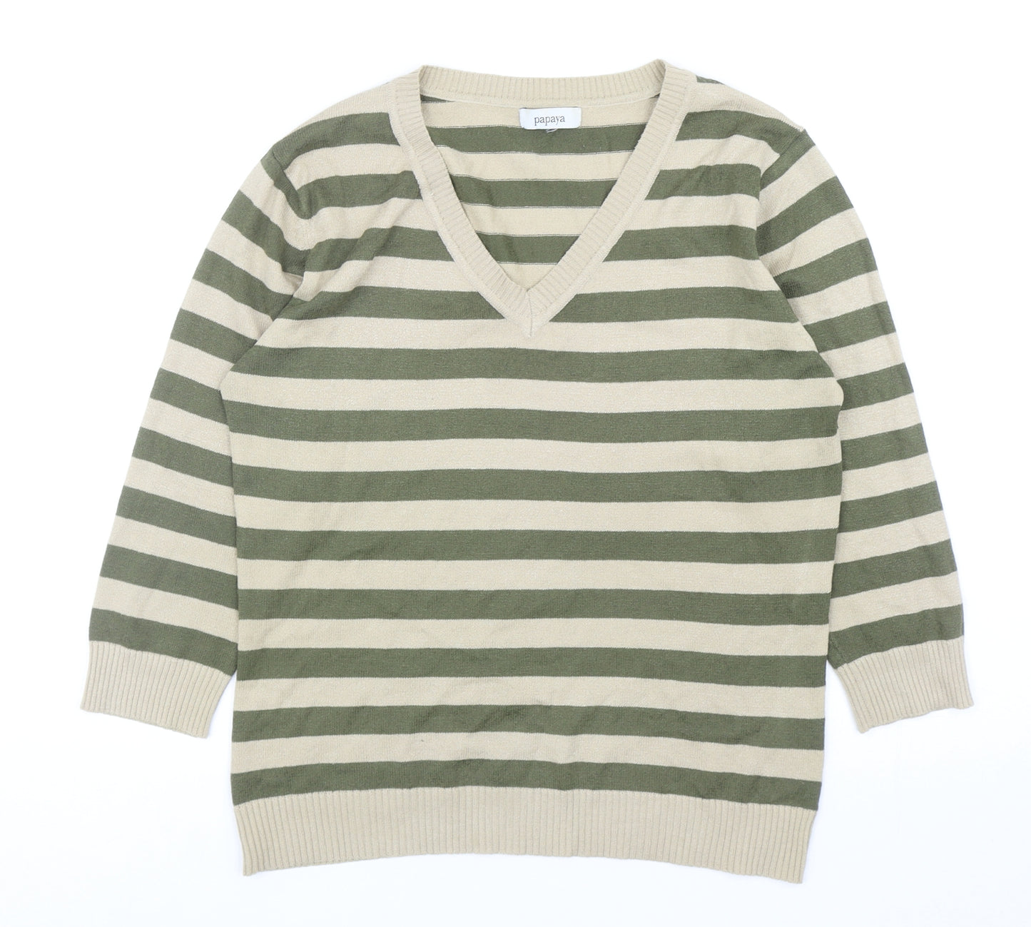 Papaya Womens Green V-Neck Striped Acrylic Pullover Jumper Size 14