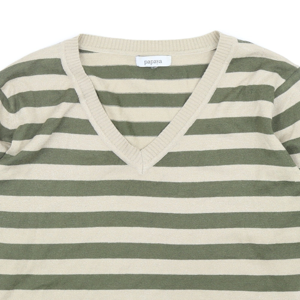 Papaya Womens Green V-Neck Striped Acrylic Pullover Jumper Size 14