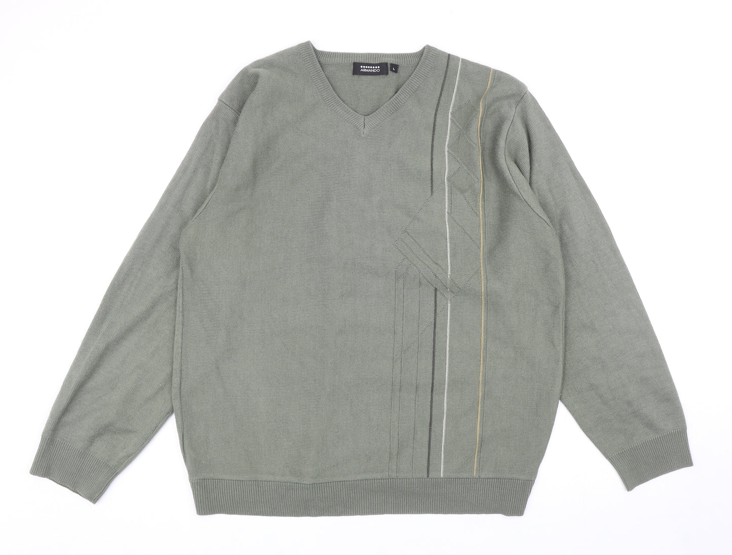 Armando Mens Green V-Neck Acrylic Pullover Jumper Size L