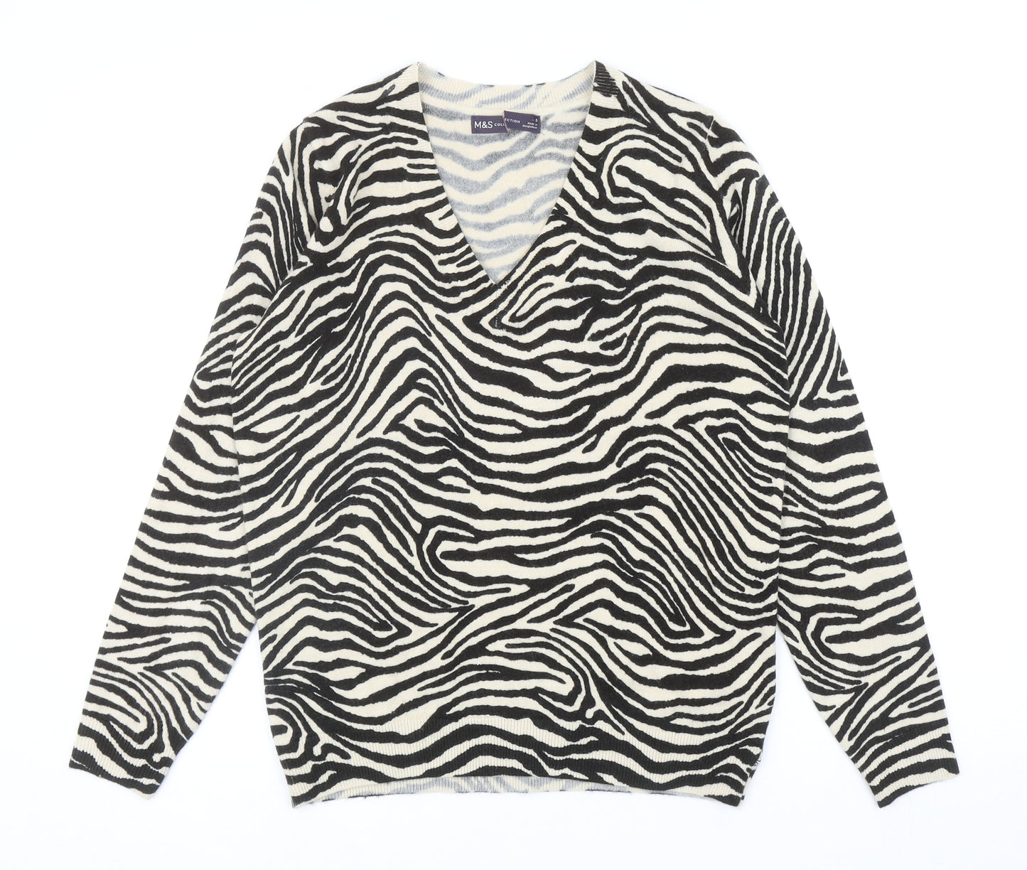 Marks and Spencer Womens Black V-Neck Animal Print Acrylic Pullover Jumper Size S - Zebra Print