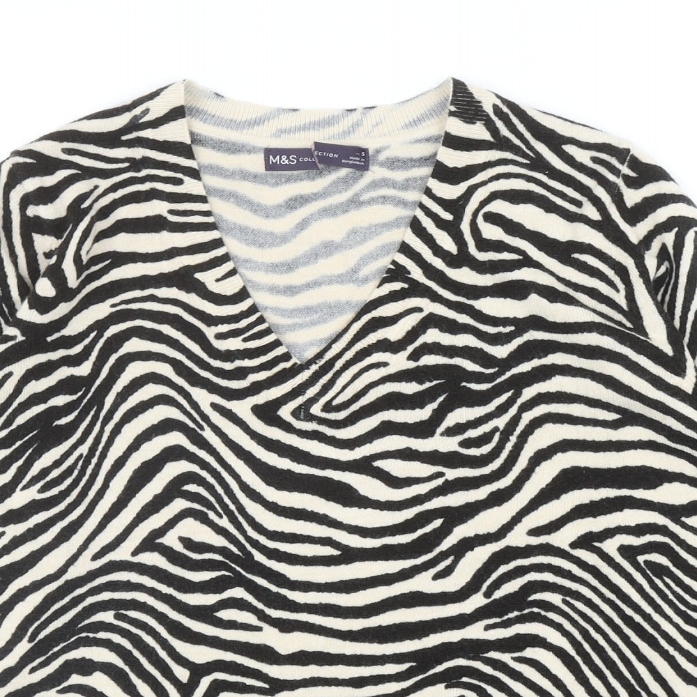 Marks and Spencer Womens Black V-Neck Animal Print Acrylic Pullover Jumper Size S - Zebra Print