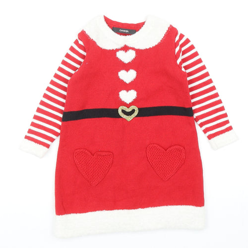 George Girls Red Striped Cotton Jumper Dress Size 18-24 Months Round Neck Pullover - Christmas Santa