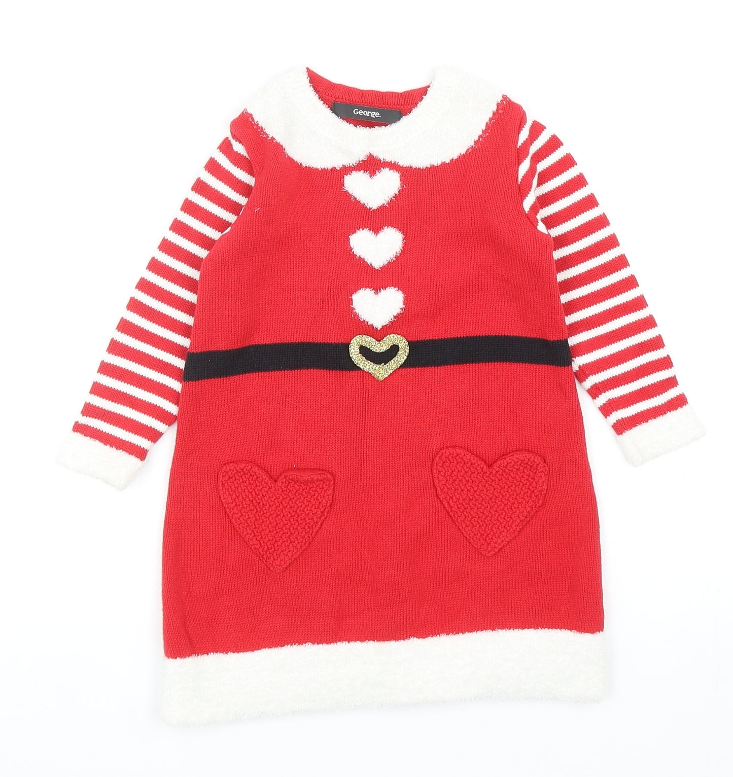 George Girls Red Striped Cotton Jumper Dress Size 18-24 Months Round Neck Pullover - Christmas Santa