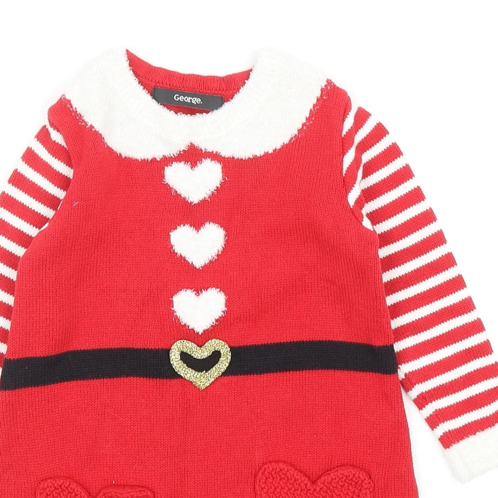 George Girls Red Striped Cotton Jumper Dress Size 18-24 Months Round Neck Pullover - Christmas Santa