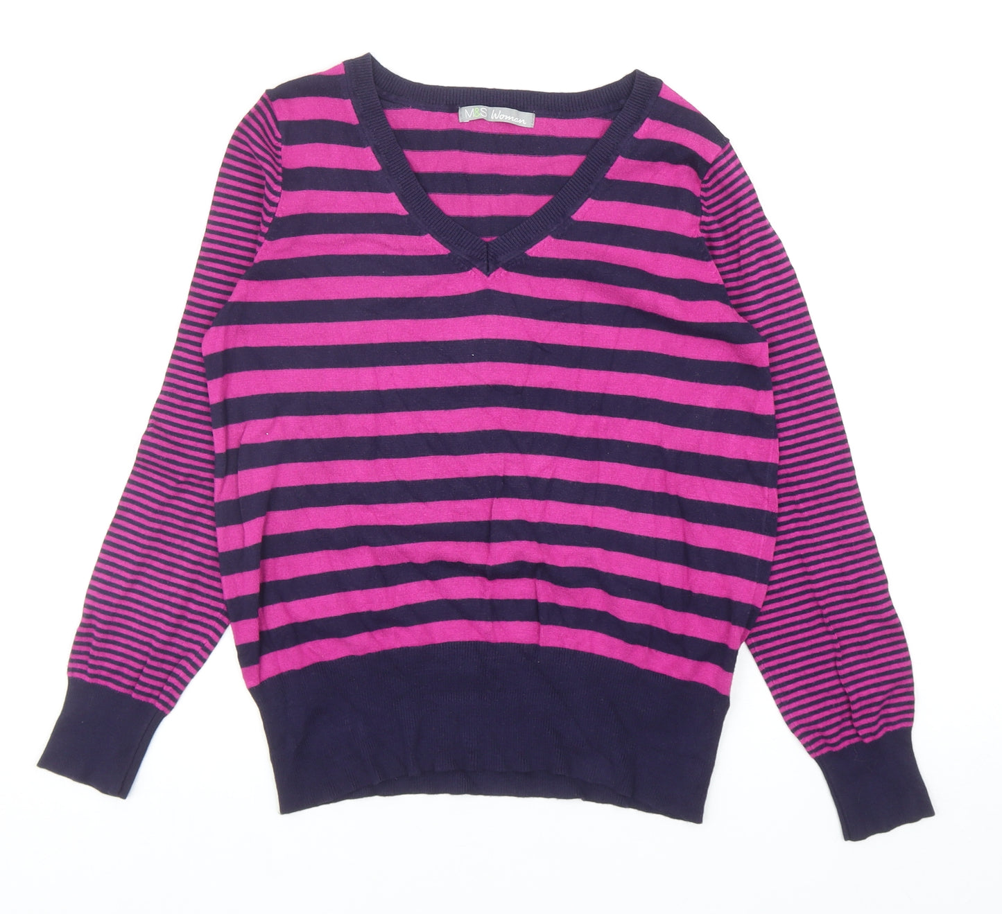 Marks and Spencer Womens Blue V-Neck Striped Viscose Pullover Jumper Size 12