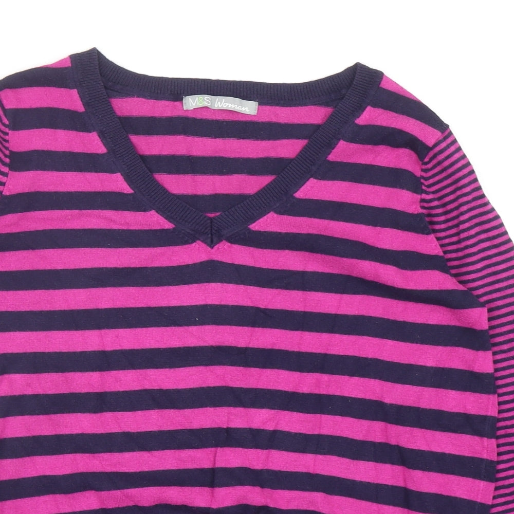 Marks and Spencer Womens Blue V-Neck Striped Viscose Pullover Jumper Size 12