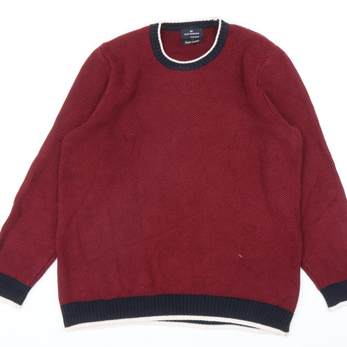 Blue Harbour Mens Red Round Neck Cotton Pullover Jumper Size L - Contrasting Trim