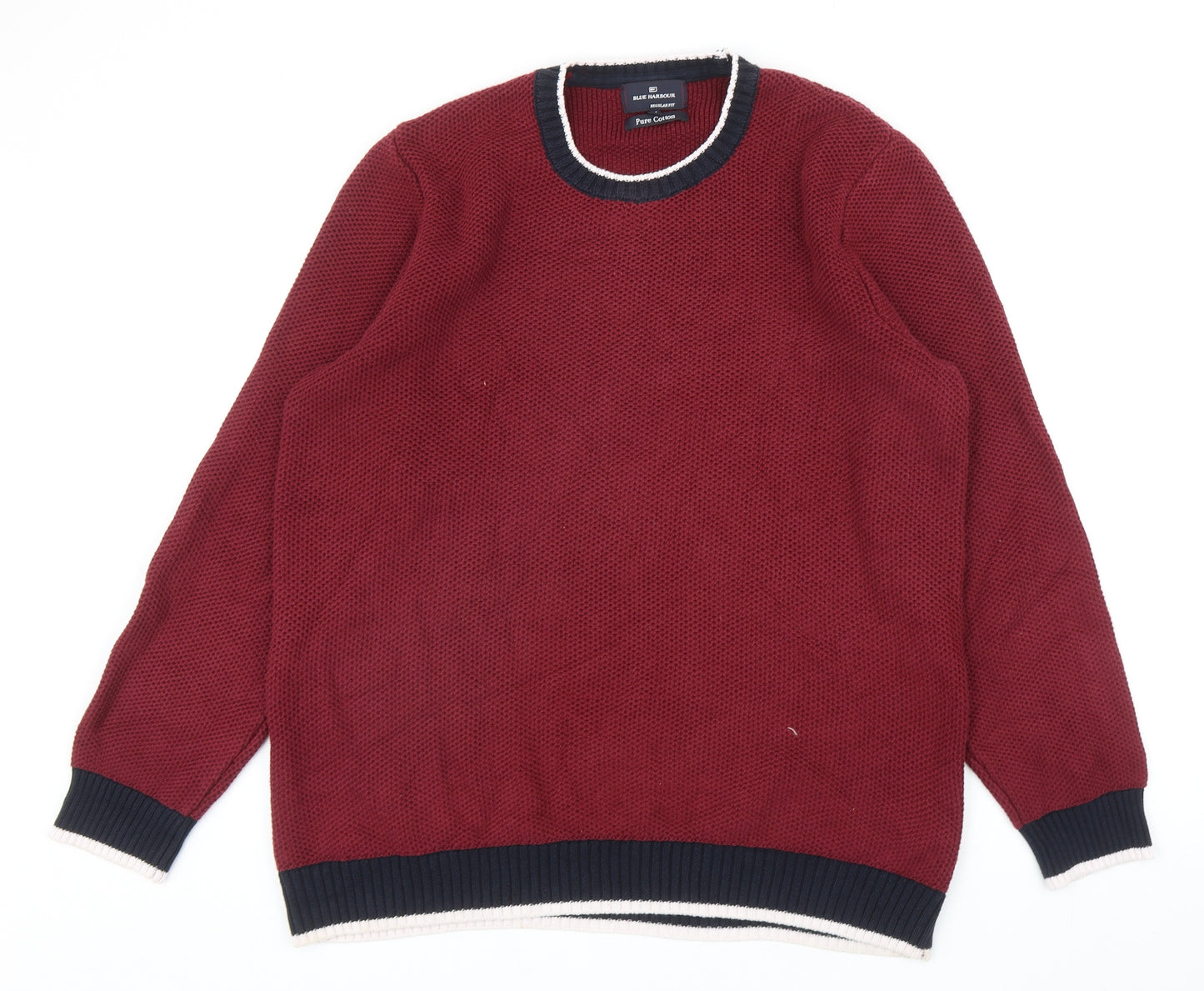 Blue Harbour Mens Red Round Neck Cotton Pullover Jumper Size L - Contrasting Trim