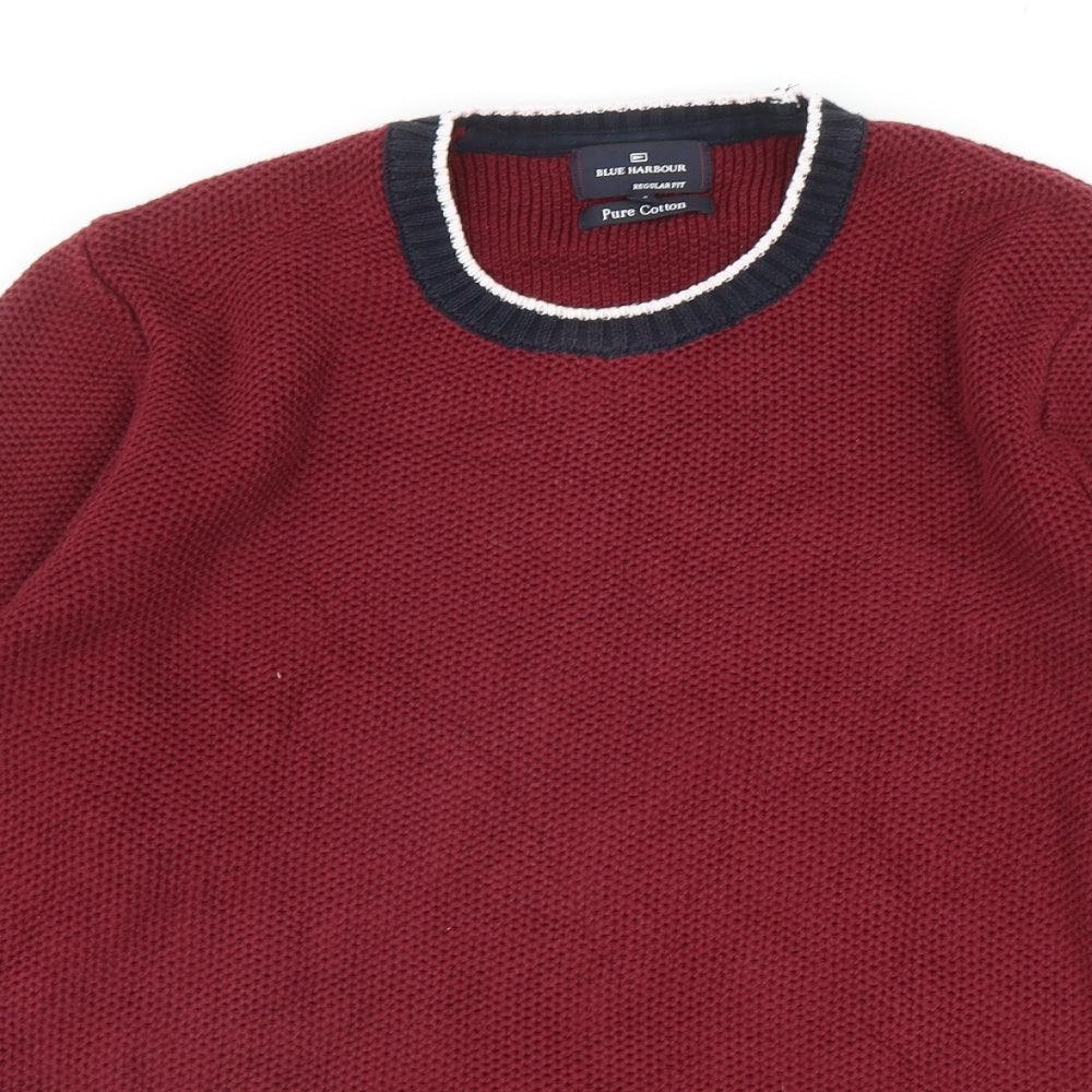 Blue Harbour Mens Red Round Neck Cotton Pullover Jumper Size L - Contrasting Trim