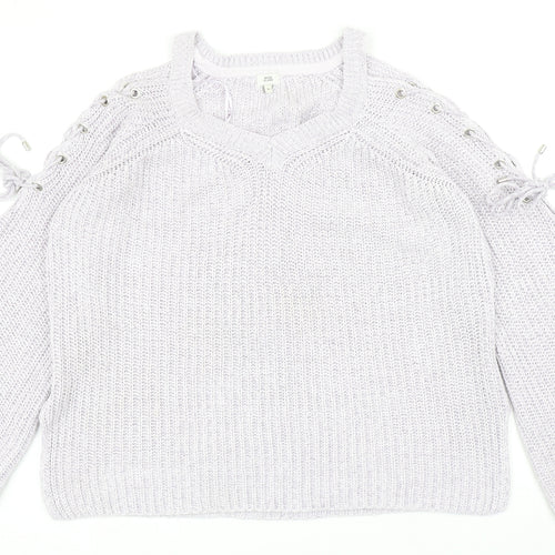 River Island Womens Purple V-Neck Cotton Pullover Jumper Size M - Eyelet Detail, Cold Shoulder