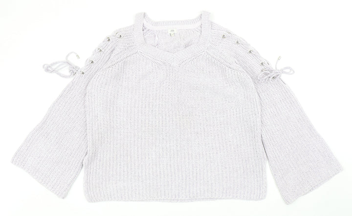 River Island Womens Purple V-Neck Cotton Pullover Jumper Size M - Eyelet Detail, Cold Shoulder