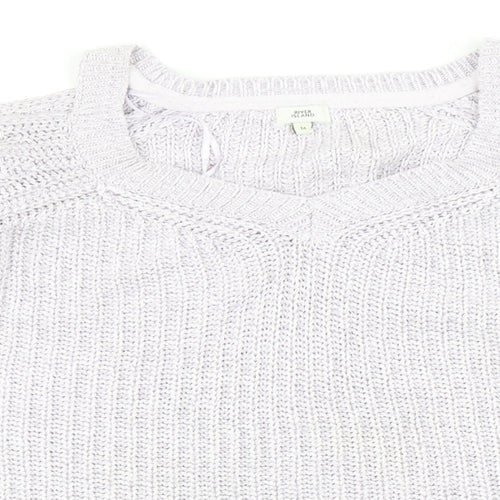 River Island Womens Purple V-Neck Cotton Pullover Jumper Size M - Eyelet Detail, Cold Shoulder