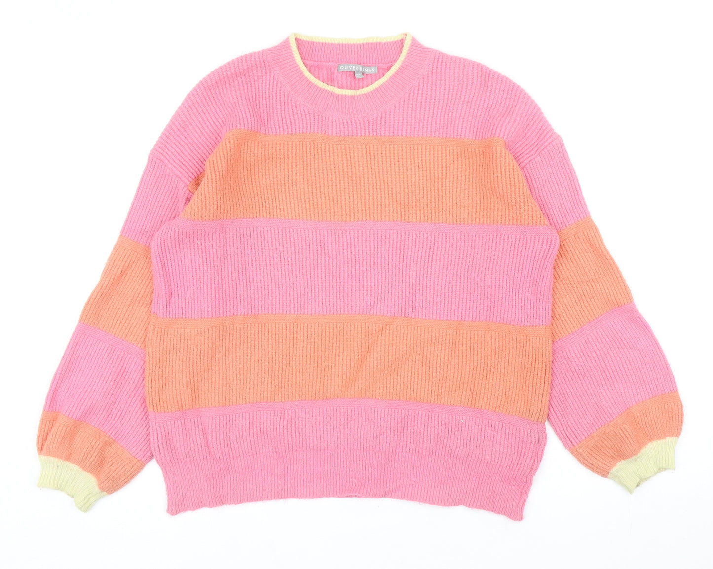 Oliver Bonas Womens Pink Round Neck Striped Viscose Pullover Jumper Size 8