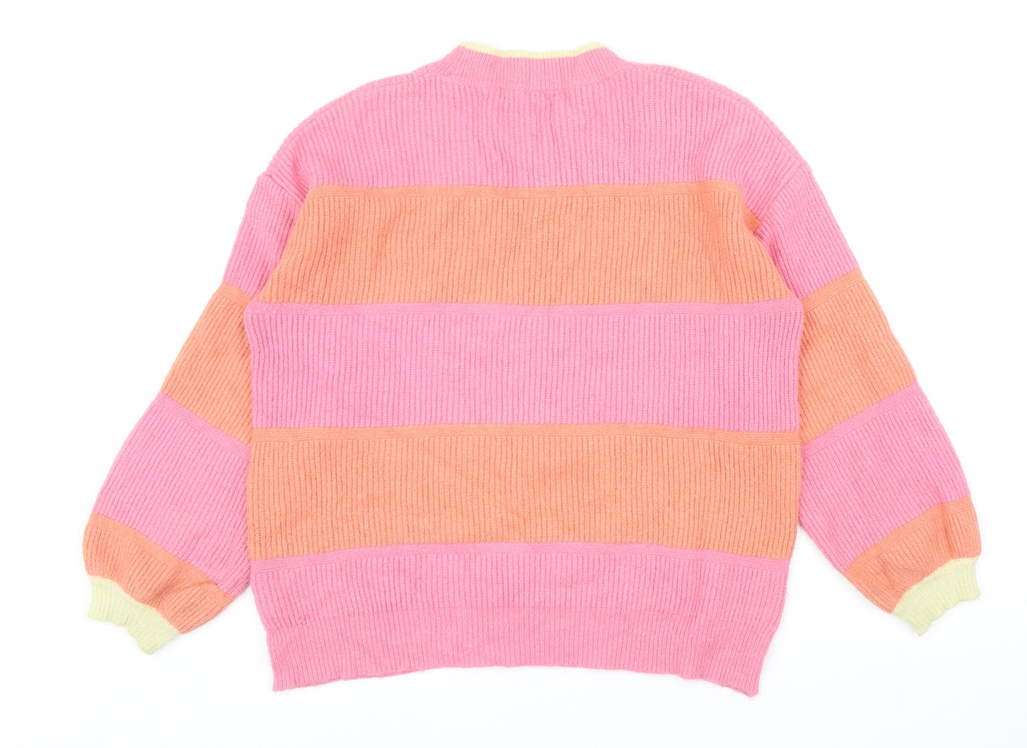 Oliver Bonas Womens Pink Round Neck Striped Viscose Pullover Jumper Size 8