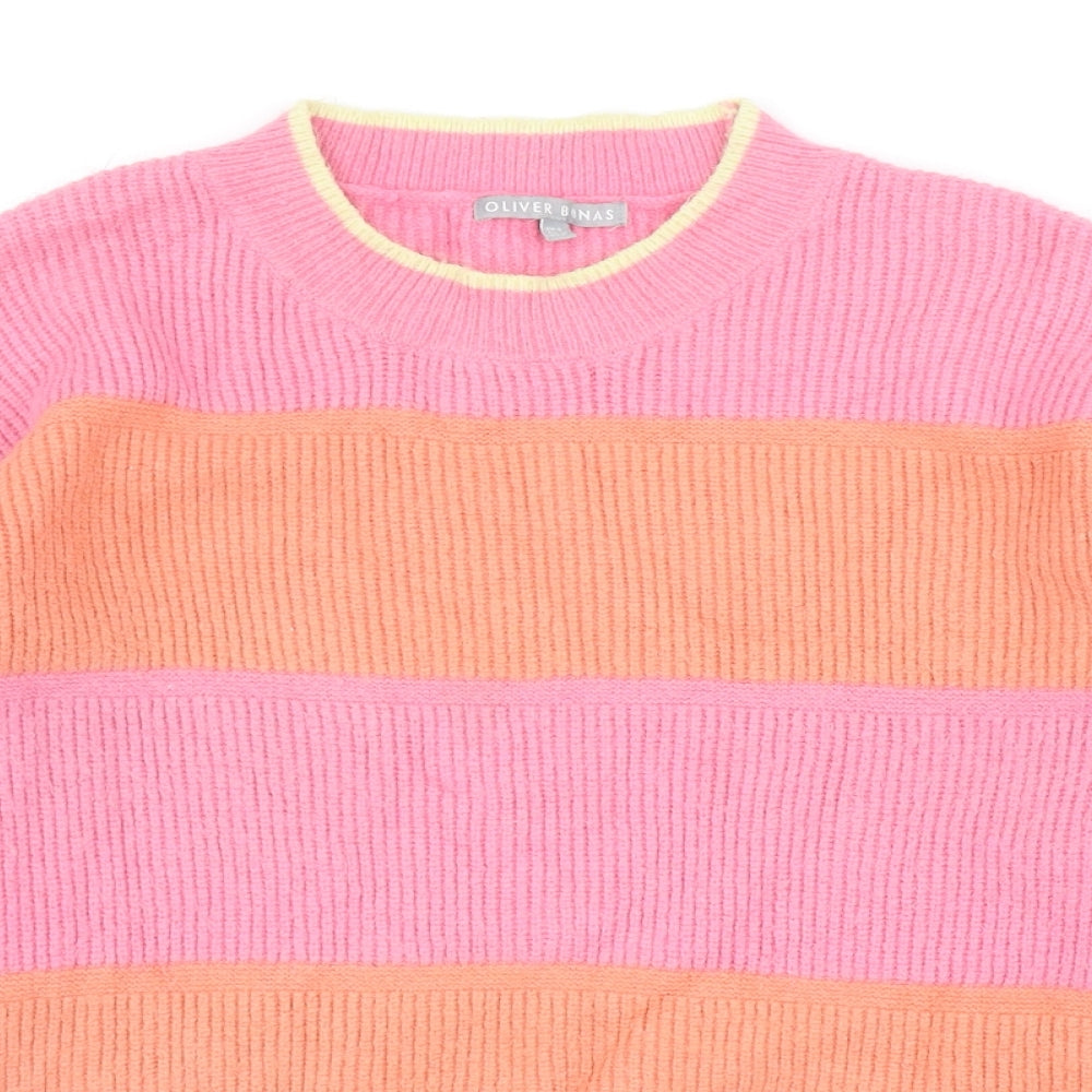 Oliver Bonas Womens Pink Round Neck Striped Viscose Pullover Jumper Size 8