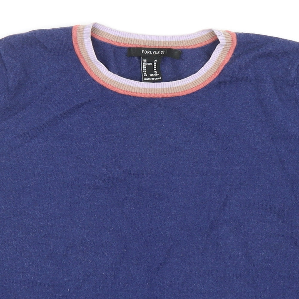 Forever21 Womens Blue Round Neck Acrylic Pullover Jumper Size M - Contrasting Trim