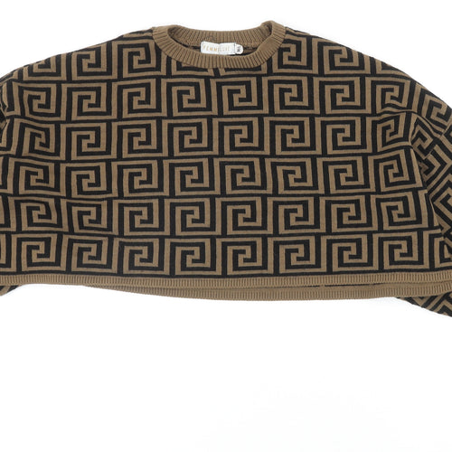 Femme Luxe Womens Brown Round Neck Geometric Acrylic Pullover Jumper Size M - Cropped, UK Size M?L