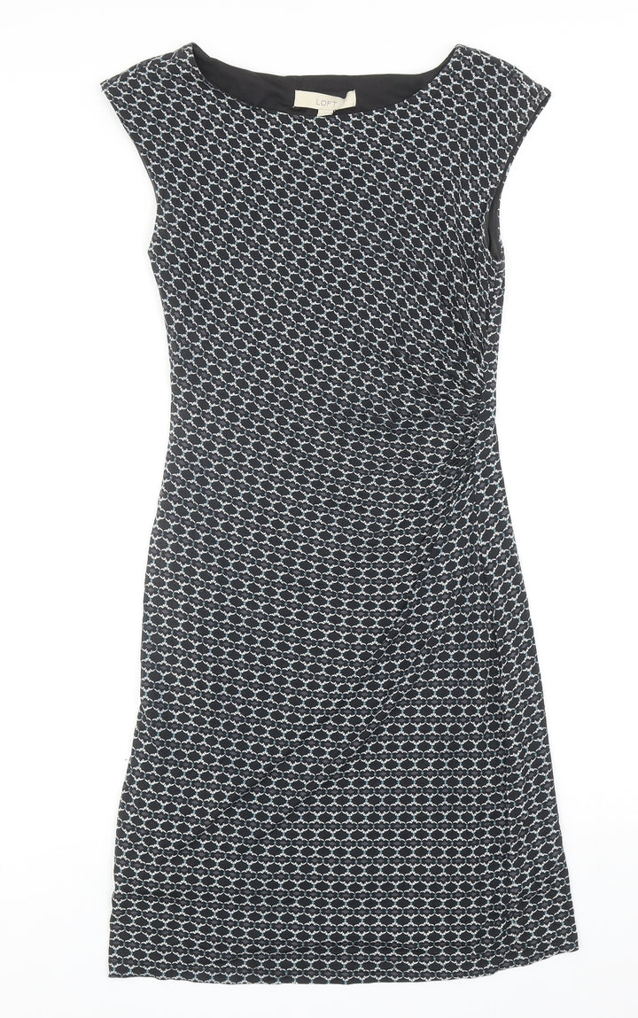 LOFT Womens Black Geometric Viscose Pencil Dress Size S Boat Neck Pullover