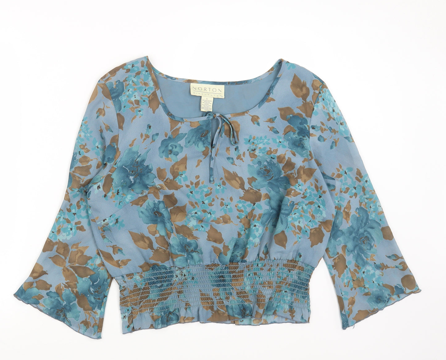 Norton Womens Blue Floral Polyester Basic T-Shirt Size L Round Neck
